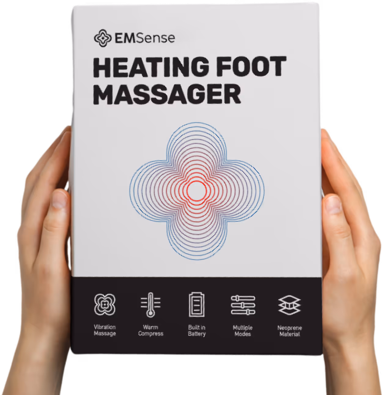Hands holding the EMSense Heating Foot Massager box